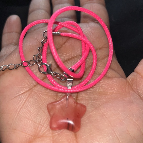 Hand Crafted Pink Star Cherry Quartz Corded Medallion Necklace Gemstone Handmade - Picture 3 of 3